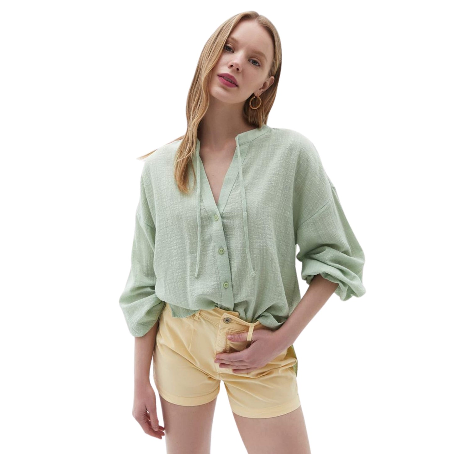 OXXO Womens Tops L / Green OXXO - Balloon Sleeve Tied Shirt