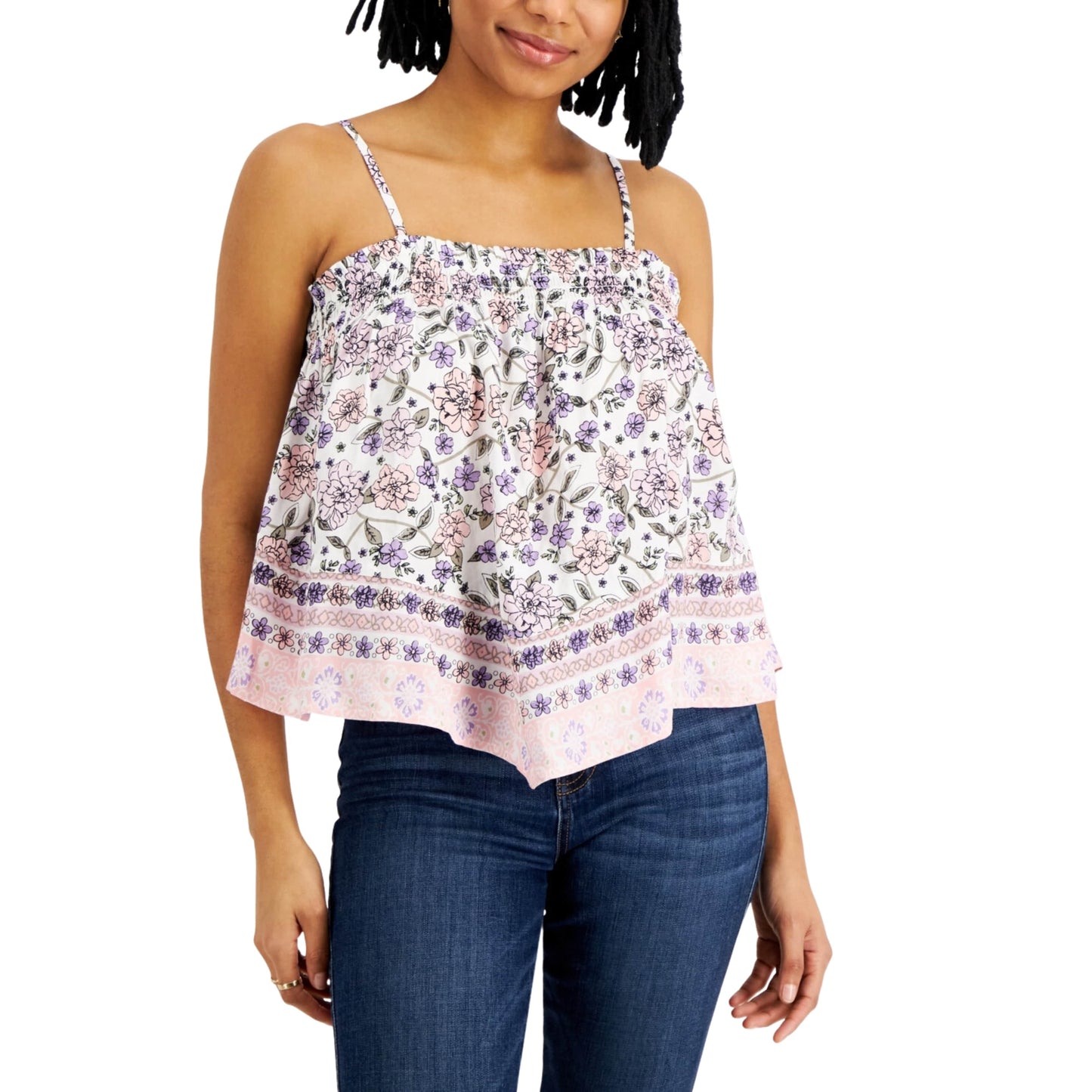 PLANET GOLD Womens Tops S / Multi-Color PLANET GOLD - Floral Smocked Ruffle tank top
