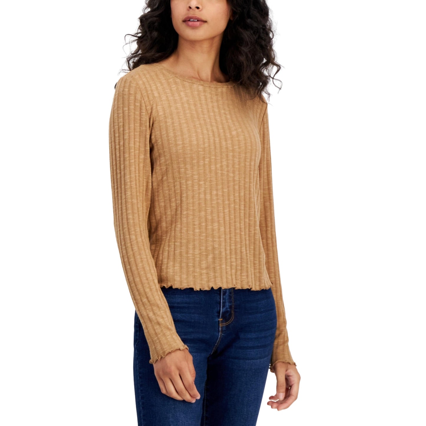 PLANET GOLD Womens Tops L / Beige PLANET GOLD - Lettuce-Trim Long-Sleeve Top