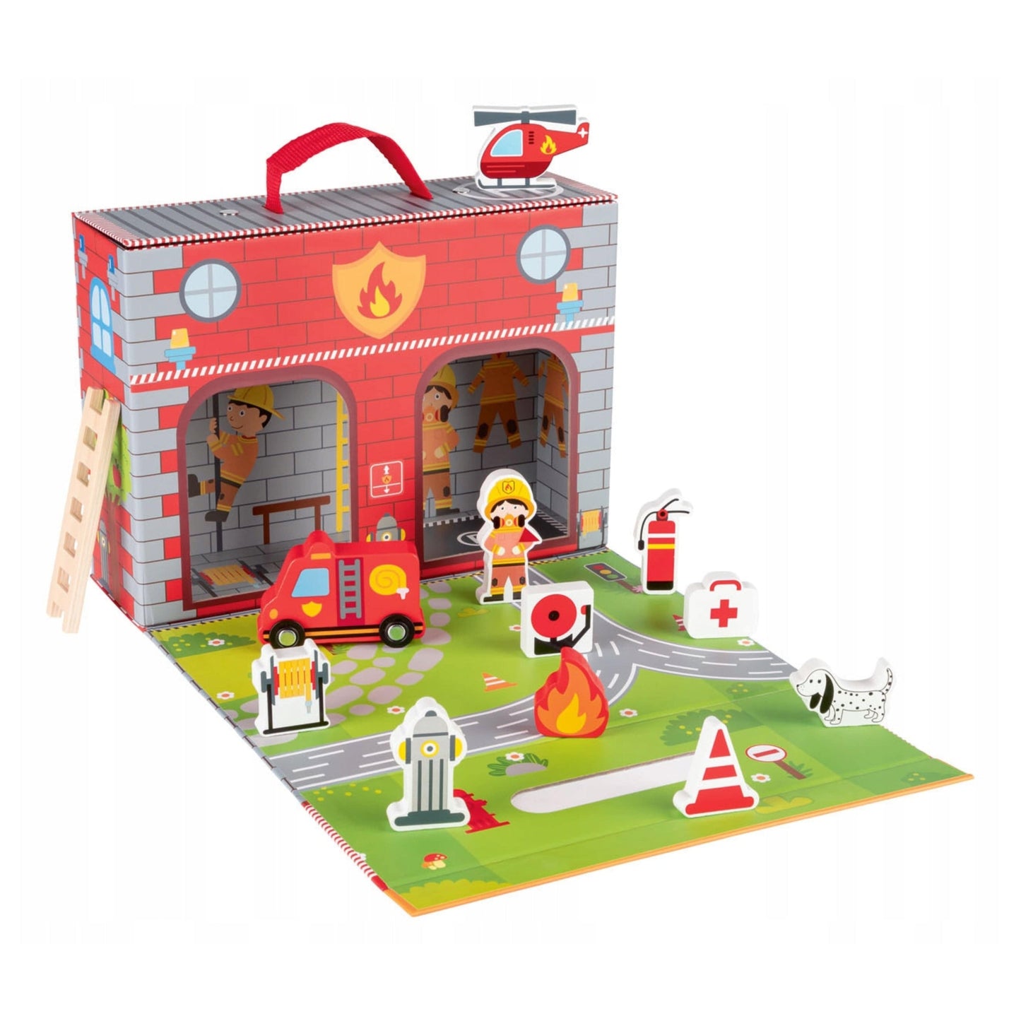 PLAYTIVE Toys PLAYTIVE - Suitcase Play Set Fire Brigade Wooden