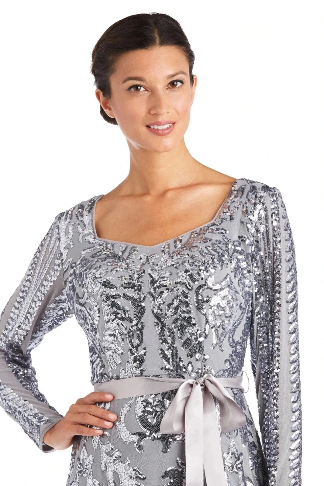R&M RICHARDS Womens Dress XL / Silver R&M RICHARDS - Long Sleeved Sequined Evening Gown