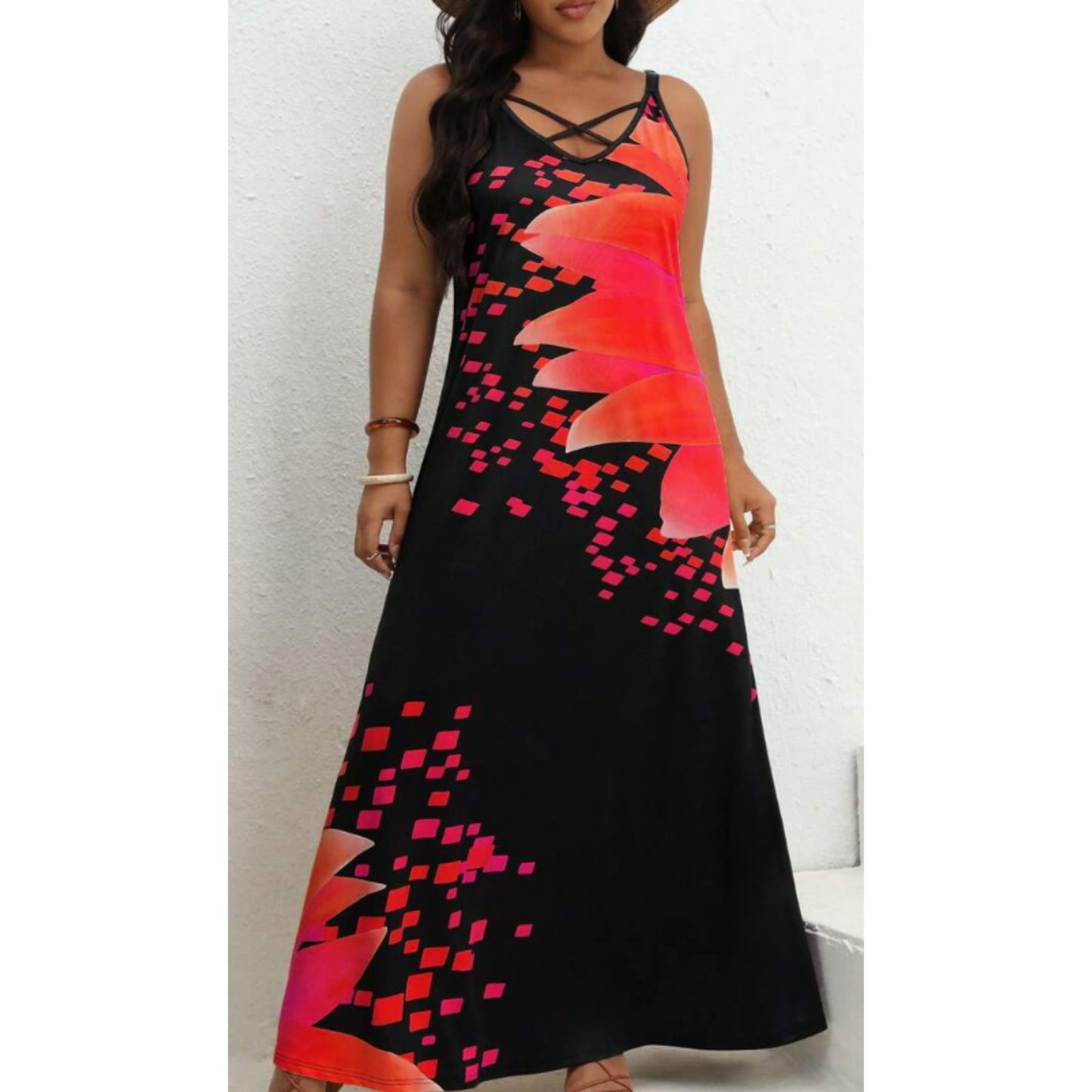 SHEIN - Floral Print Criss Cross Long Dress