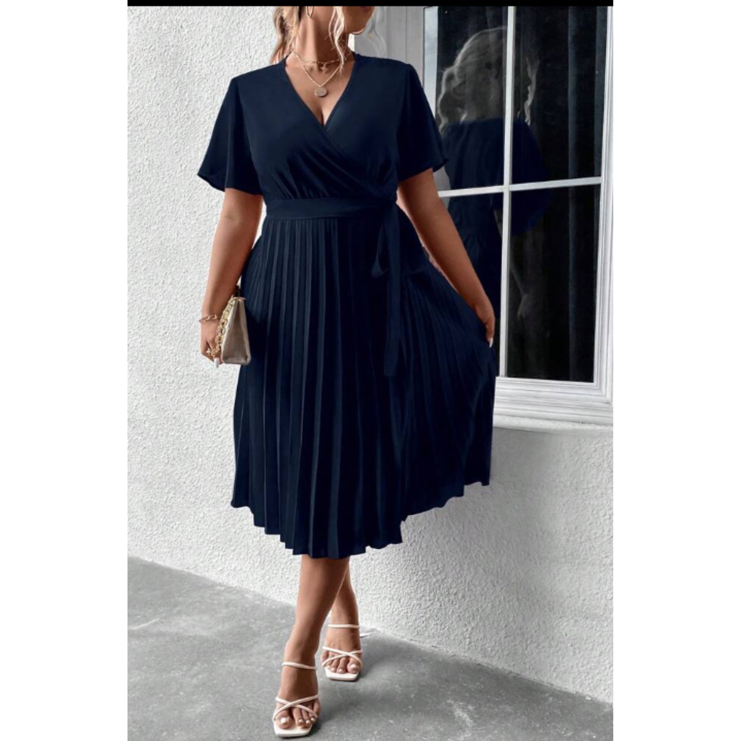 SHEIN - Surplice Neck Pleated Hem Knot Side Midi Dress