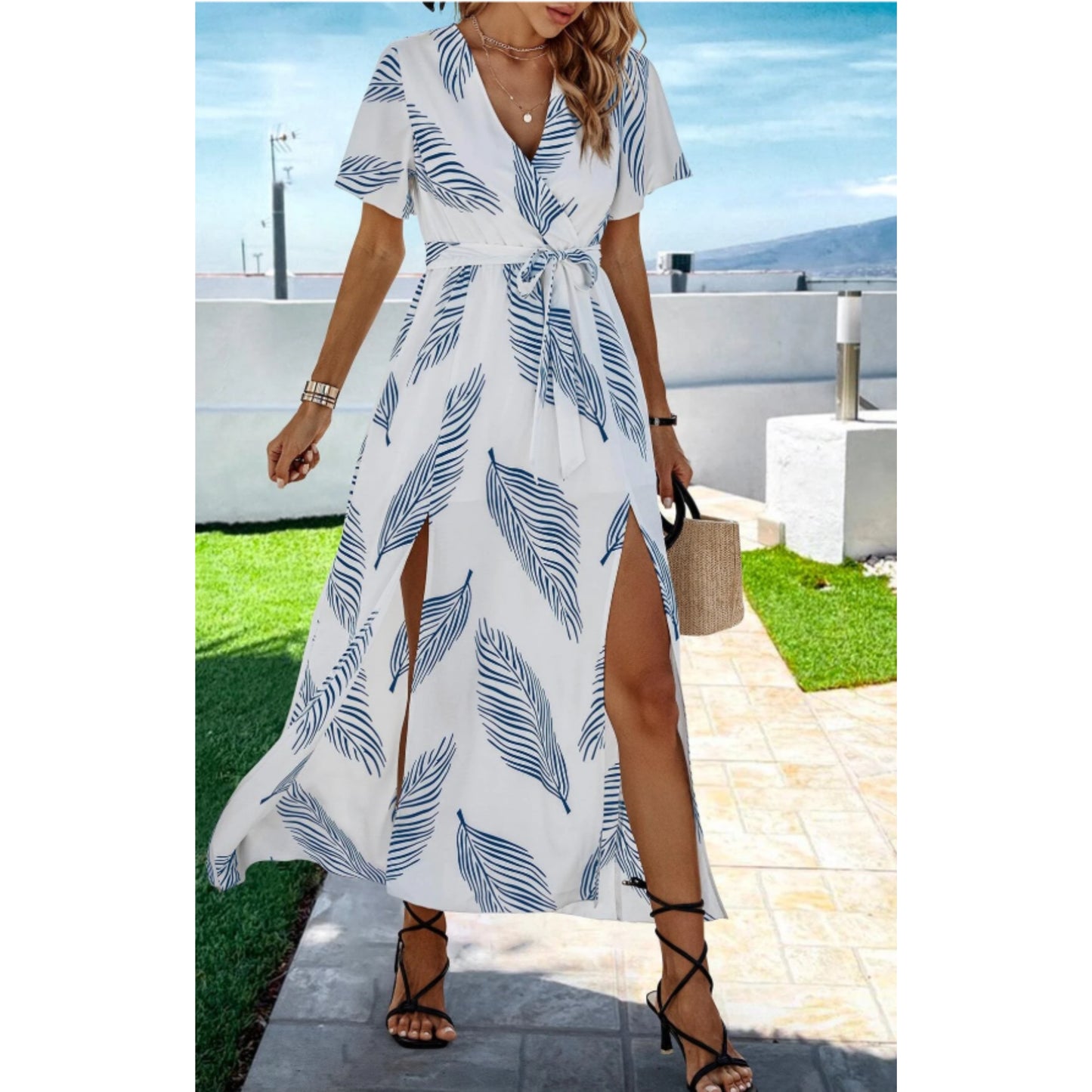 SHEIN - V Neck Tropical Print Thigh Slit Dress