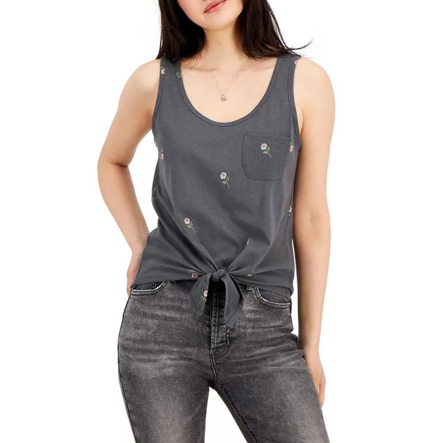 REBELLIOUS ONE Womens Tops REBELLIOUS ONE - Rose-Print Tie-Hem Tank Top