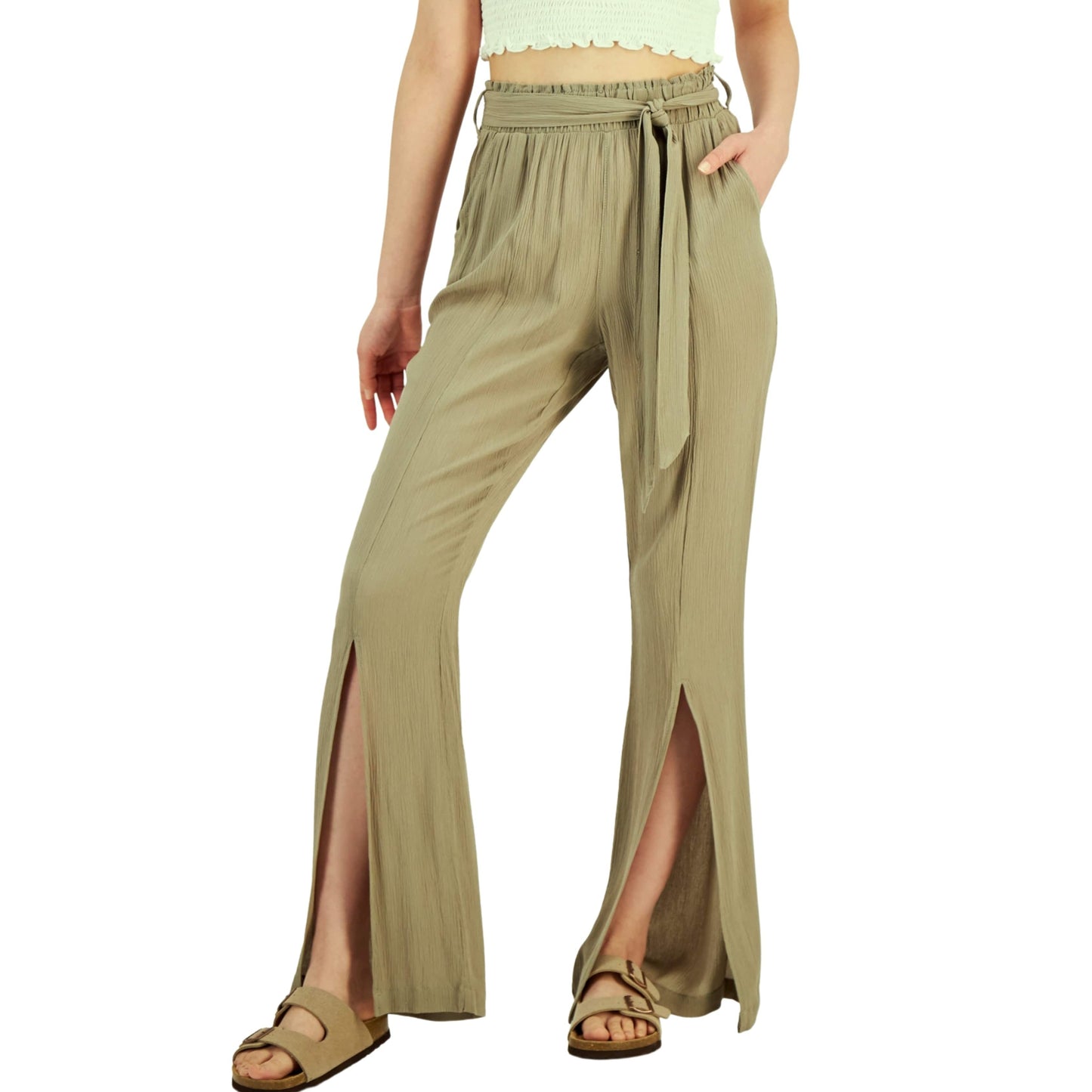 REWASH Womens Bottoms XS / Light Green REWASH - Split-Hem Belted Pants