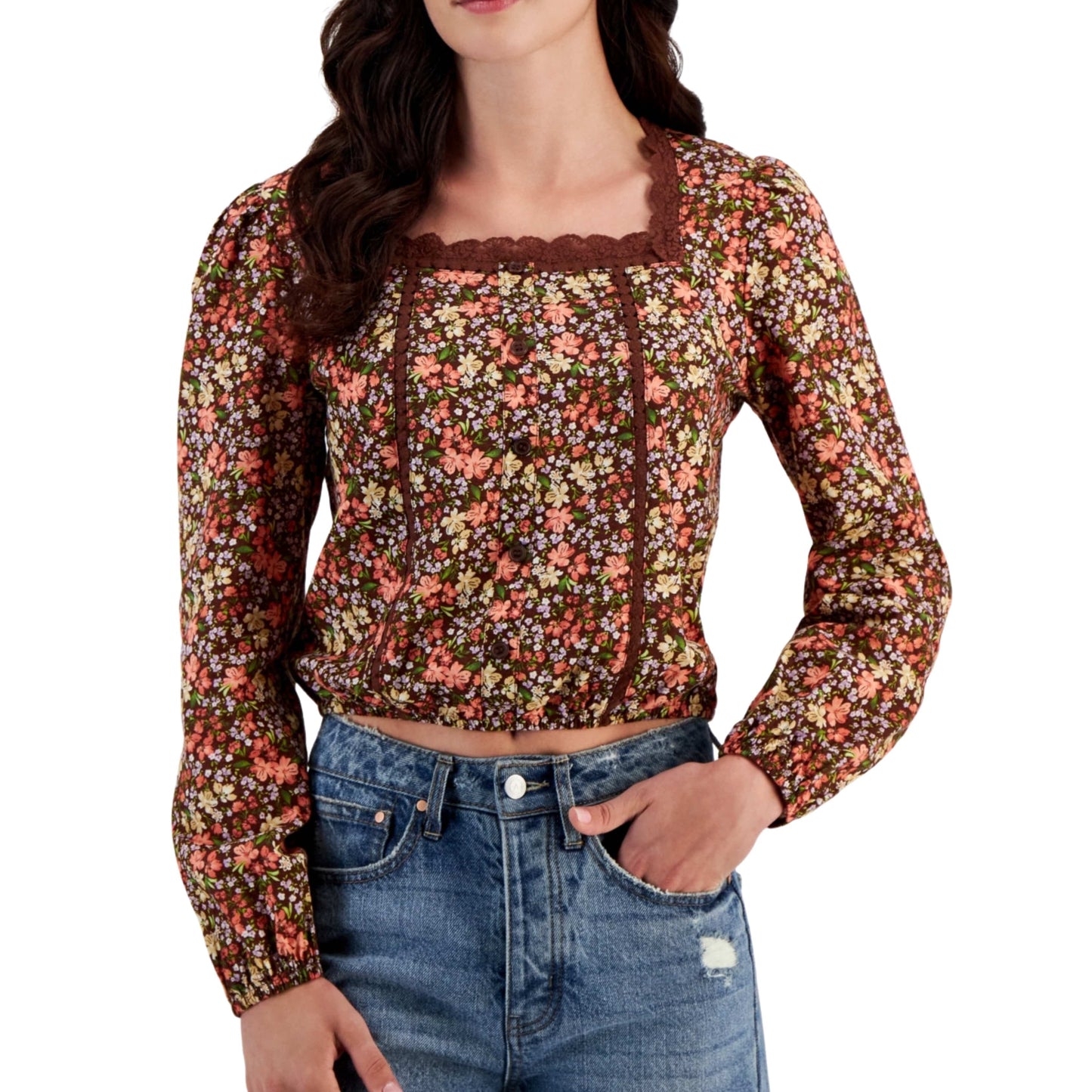 SELF ESTEEM Womens Tops S / Multi-Color SELF ESTEEM - Lace-Trimmed Square-Neck Blouse