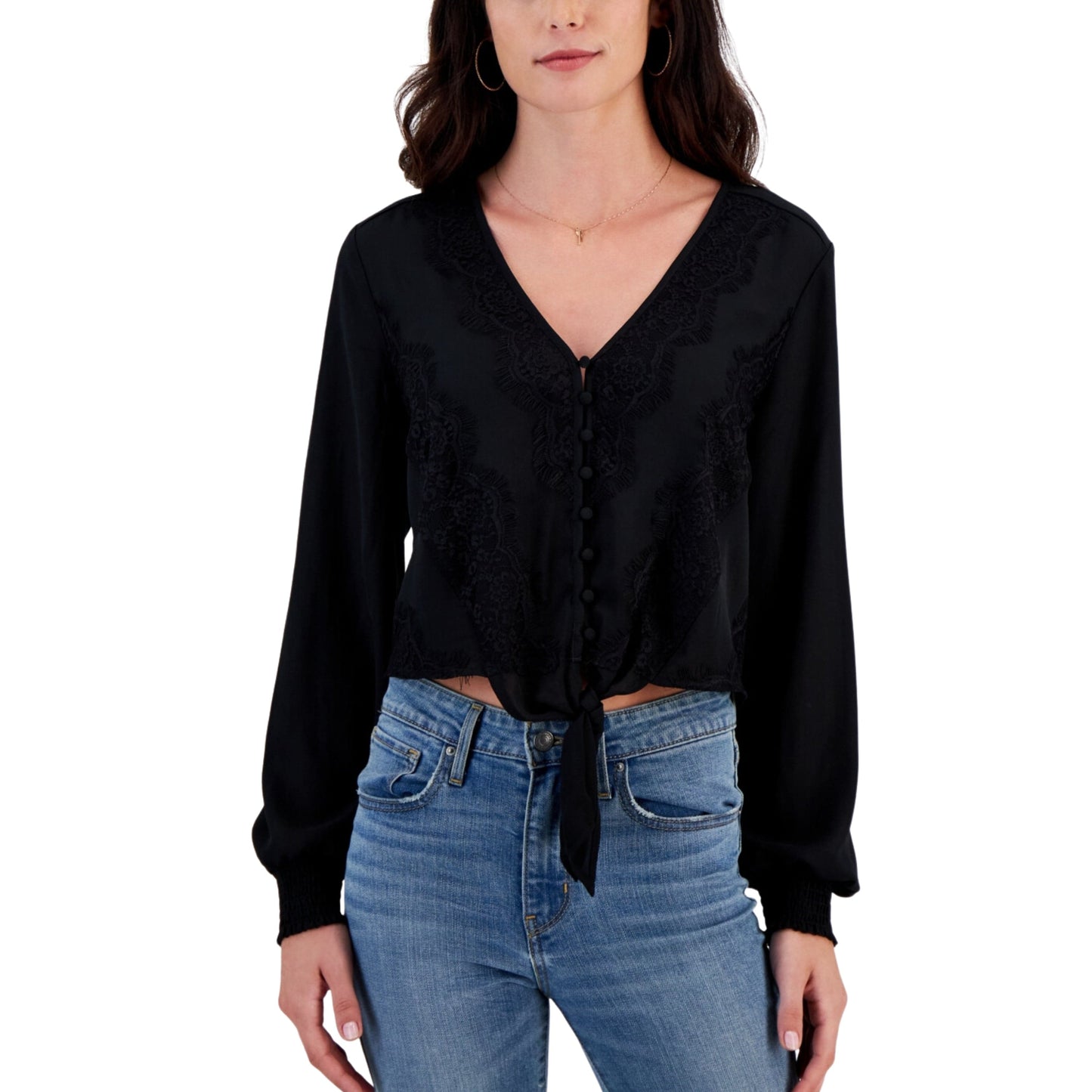 SELFIE Womens Tops SELFIE - Lace-Trimmed V-Neck Tie-Front Top