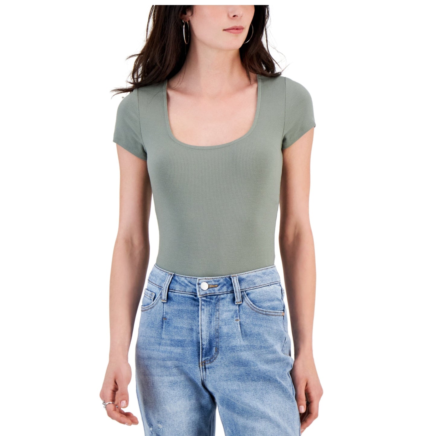 SELFIE Womens Tops XS / Green SELFIE - Square-Neck Ribbed Bodysuit