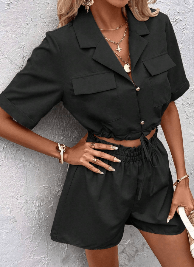 SHEIN Shein Women Sets L / Black SHEIN - Flap Pocket Blouse & Paper bag Waist Shorts