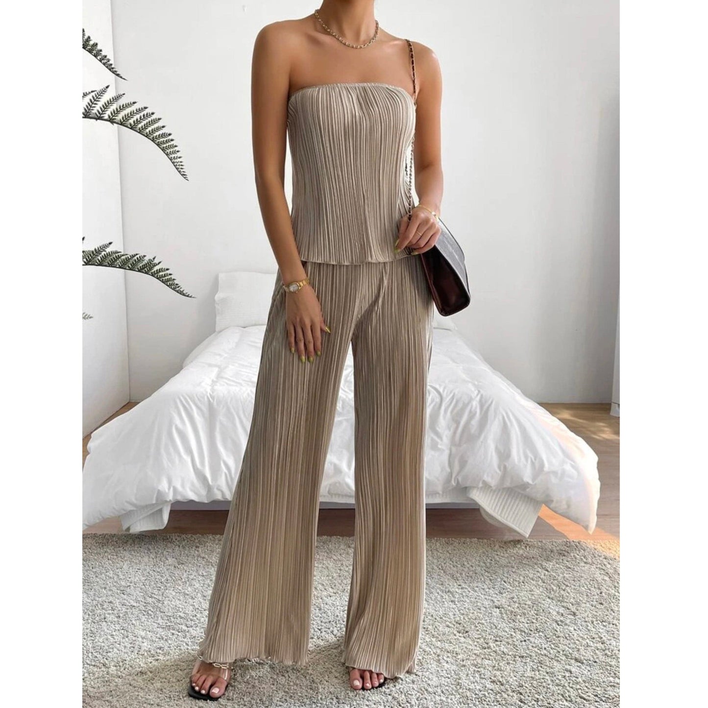 SHEIN Shein Women Sets XS / Beige SHEIN - Tarsha Whitmore SHEIN Privé Solid Backless Tube Top & Wide Leg Pants