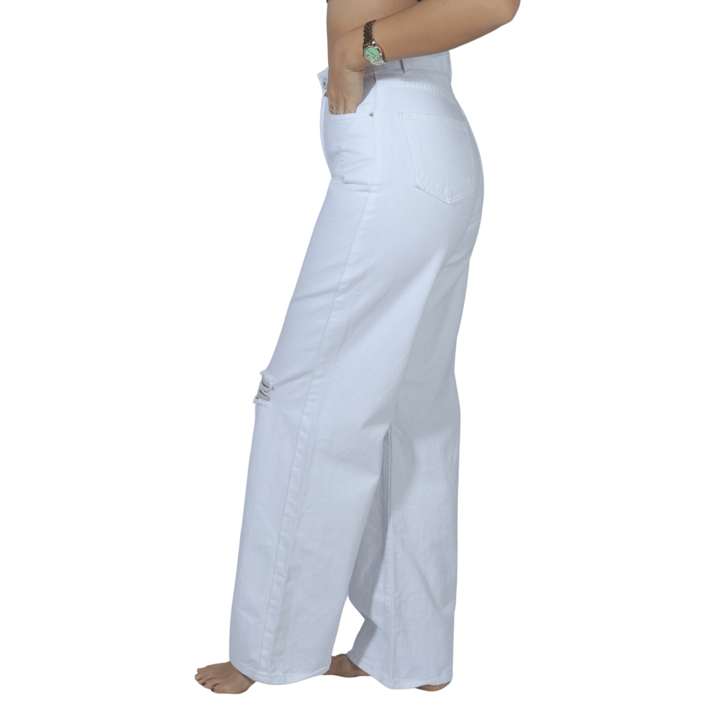 SHEIN Shein Womens Bottoms M / White / 36 SHEIN - Ripped knee solid denim pants
