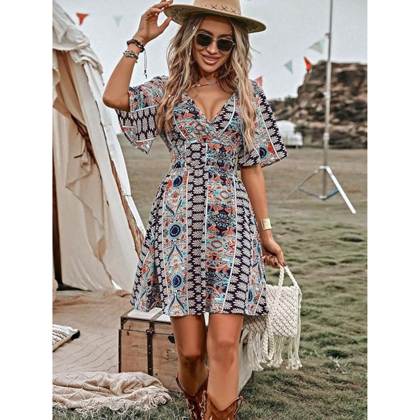 SHEIN Shein Womens Dress S / Multi-Color SHEIN - Allover Print Butterfly Sleeve Dress