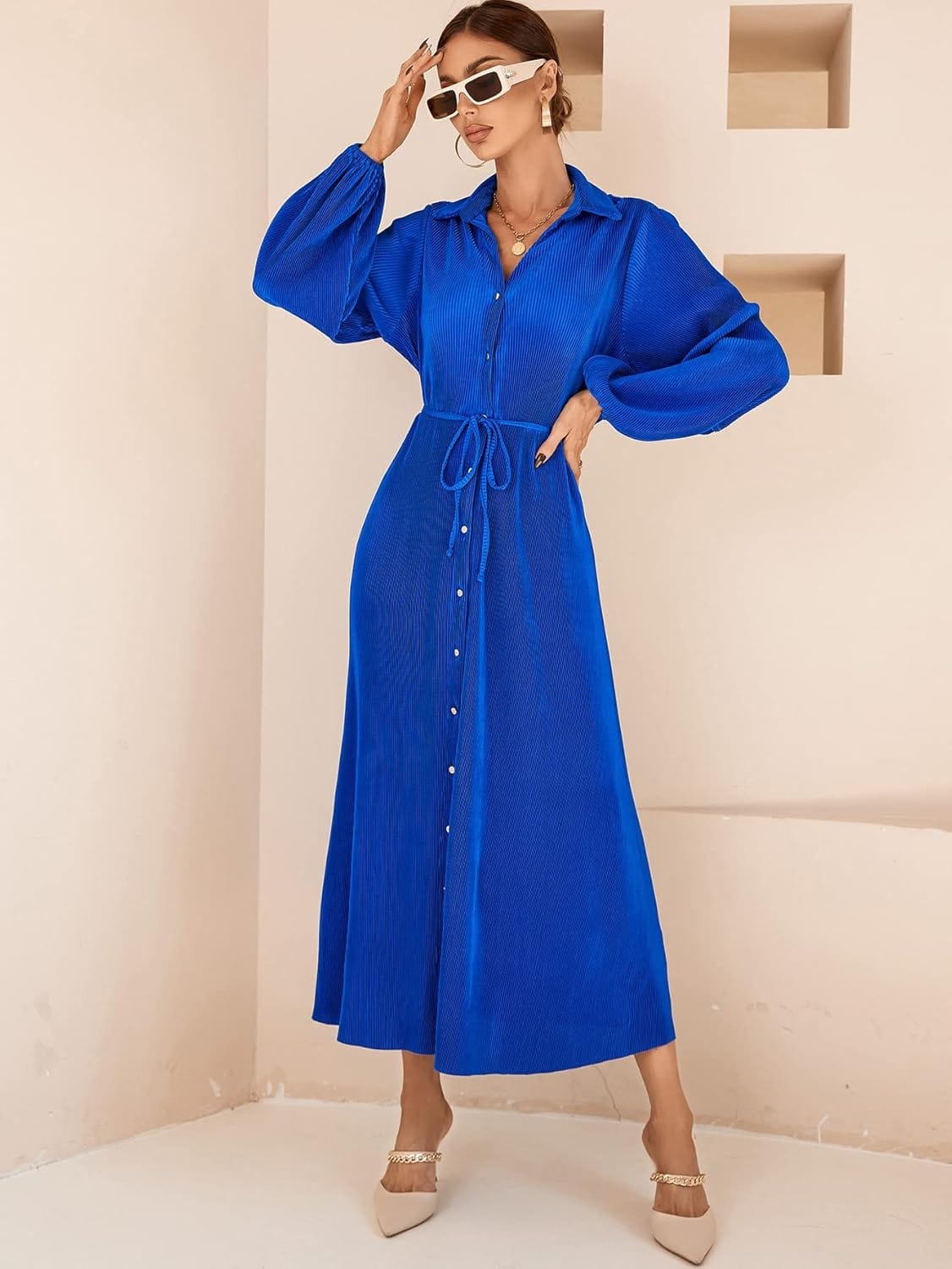 SHEIN Shein Womens Dress S / Blue SHEIN - Button Up Bishop Sleeve Belted Shirt Midi Dress
