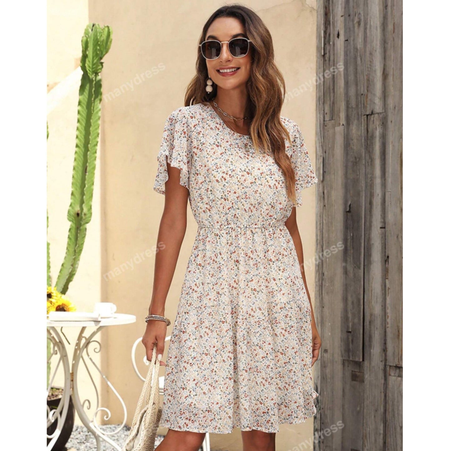 SHEIN Shein Womens Dress M / Multi-Color SHEIN - Daisy Print Butterfly Sleeve Dress
