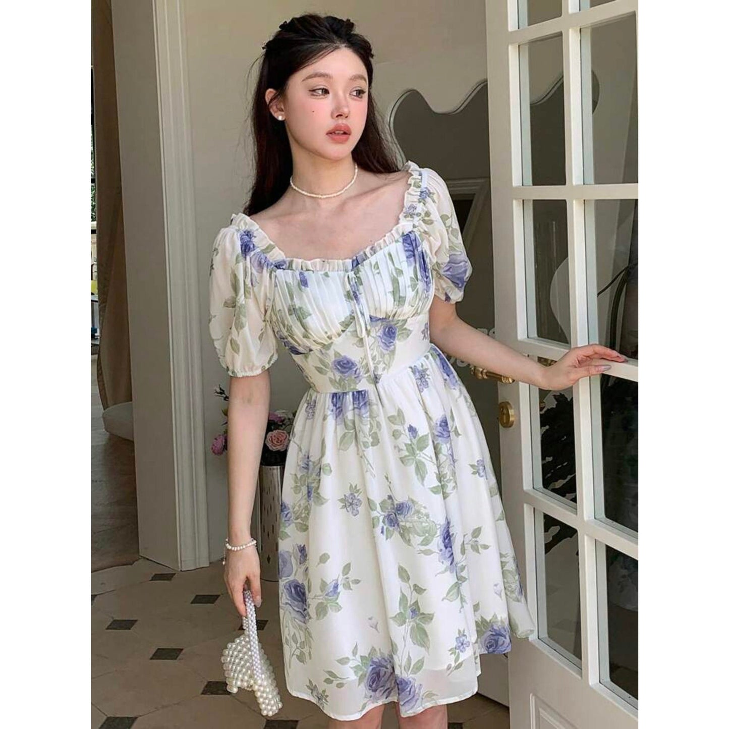 SHEIN Shein Womens Dress L / Multi-Color SHEIN - DAZY Allover Floral Frill Trim Puff Sleeve Ruched Bust Tie