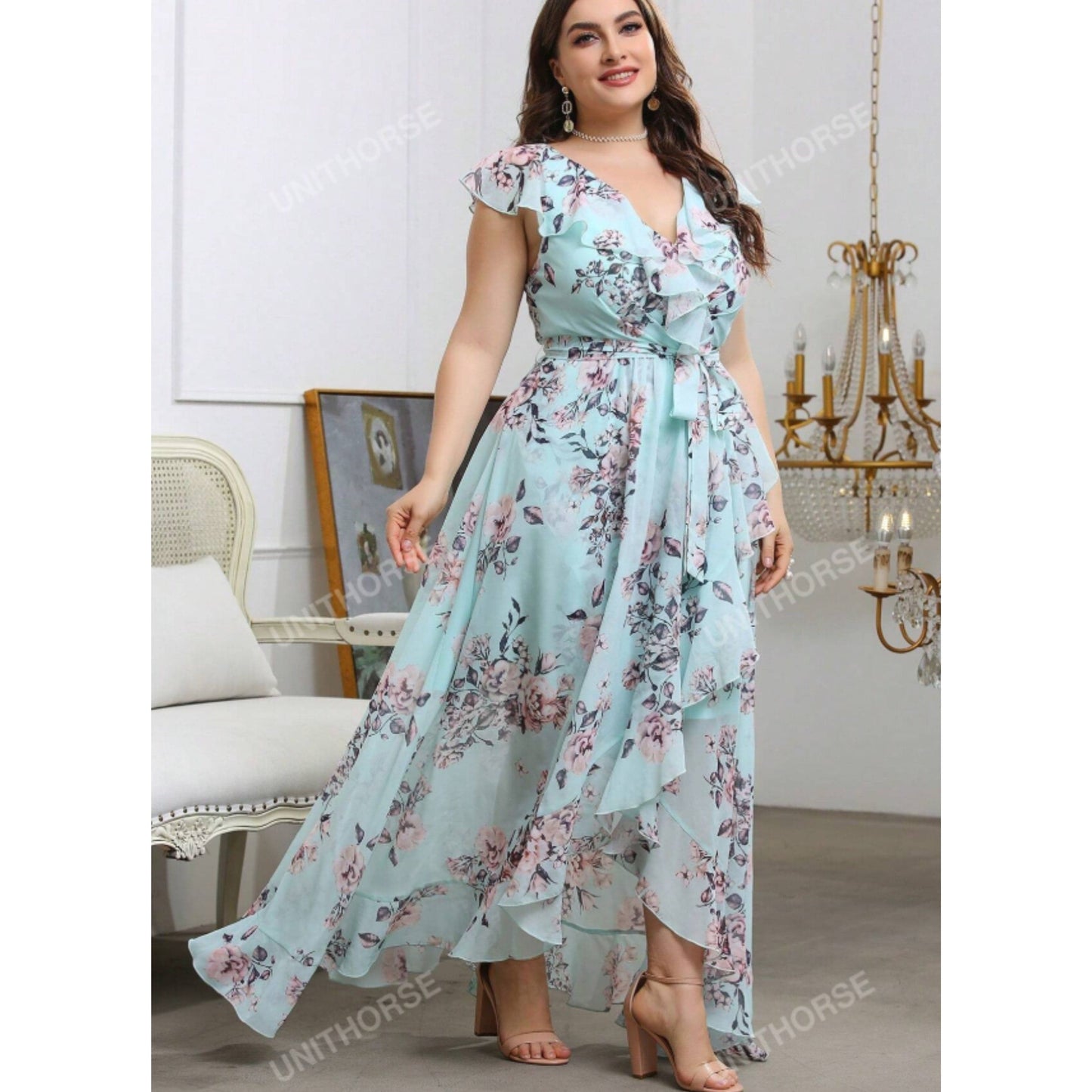 SHEIN Shein Womens Dress M / Multi-Color SHEIN - Flower pattern ruffle long dress