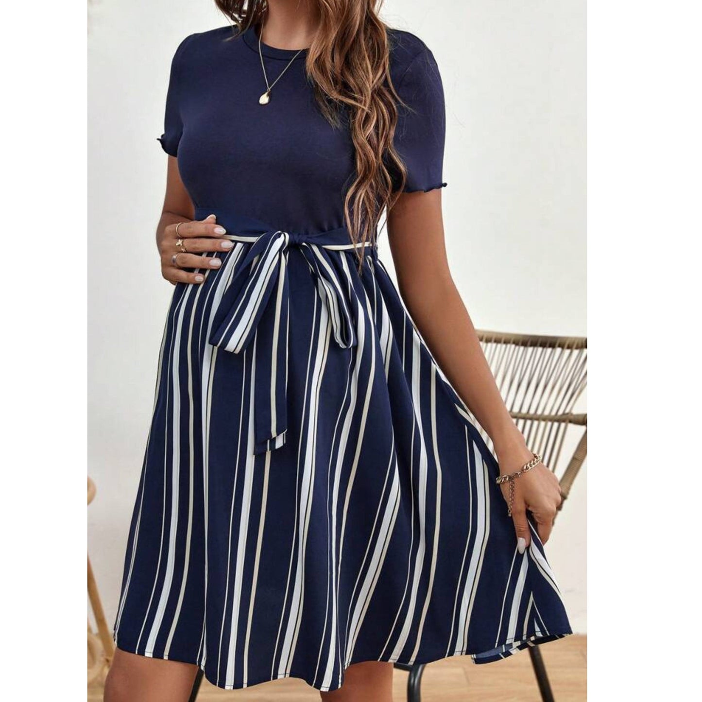 SHEIN Shein Womens Dress L / Navy SHEIN - Maternity Striped Belted Dress