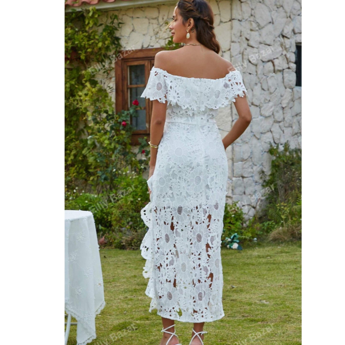 SHEIN Shein Womens Dress S / White SHEIN - Off-Shoulder Embroidered Flower Decorated White long Dress