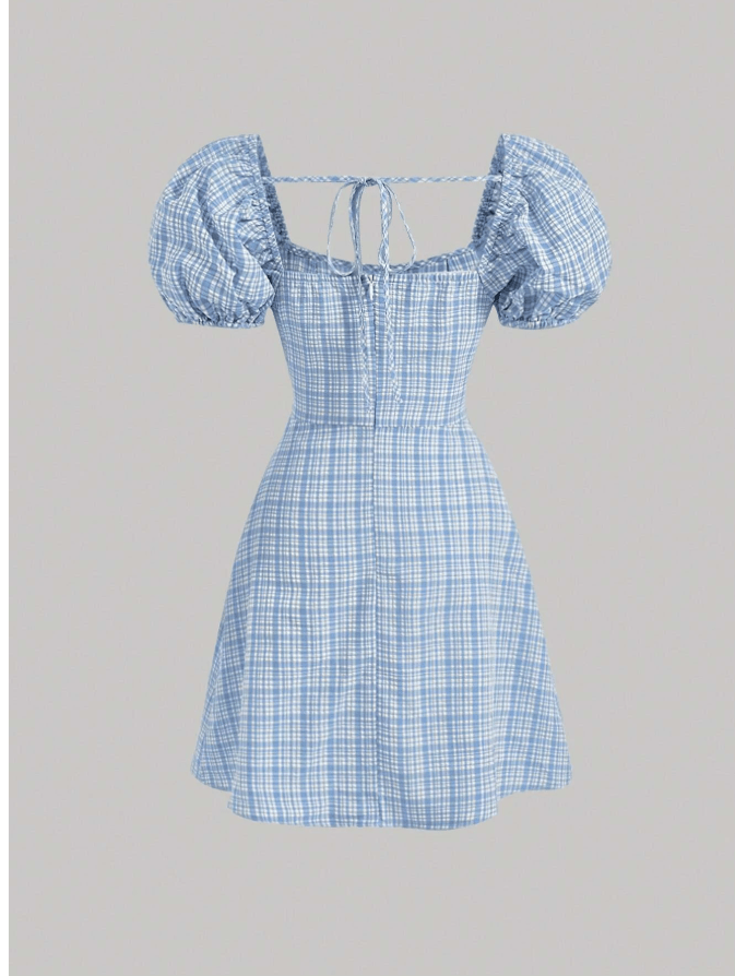 SHEIN Shein Womens Dress S / Multi-Color Shein - Plaid Print Backless Tie Puff Sleeve Dress