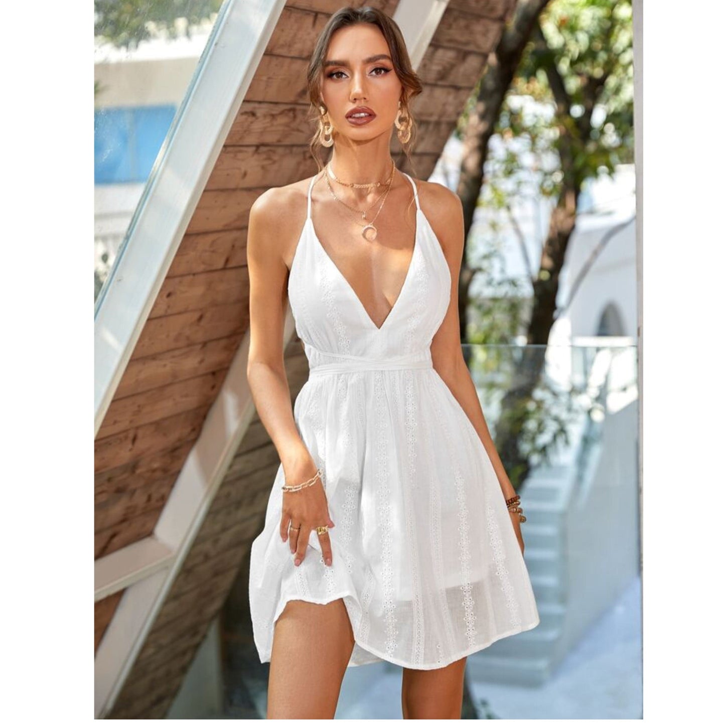 SHEIN Shein Womens Dress L / White SHEIN - Sexy Crisscross Tie Backless Schiffy Slip Dress