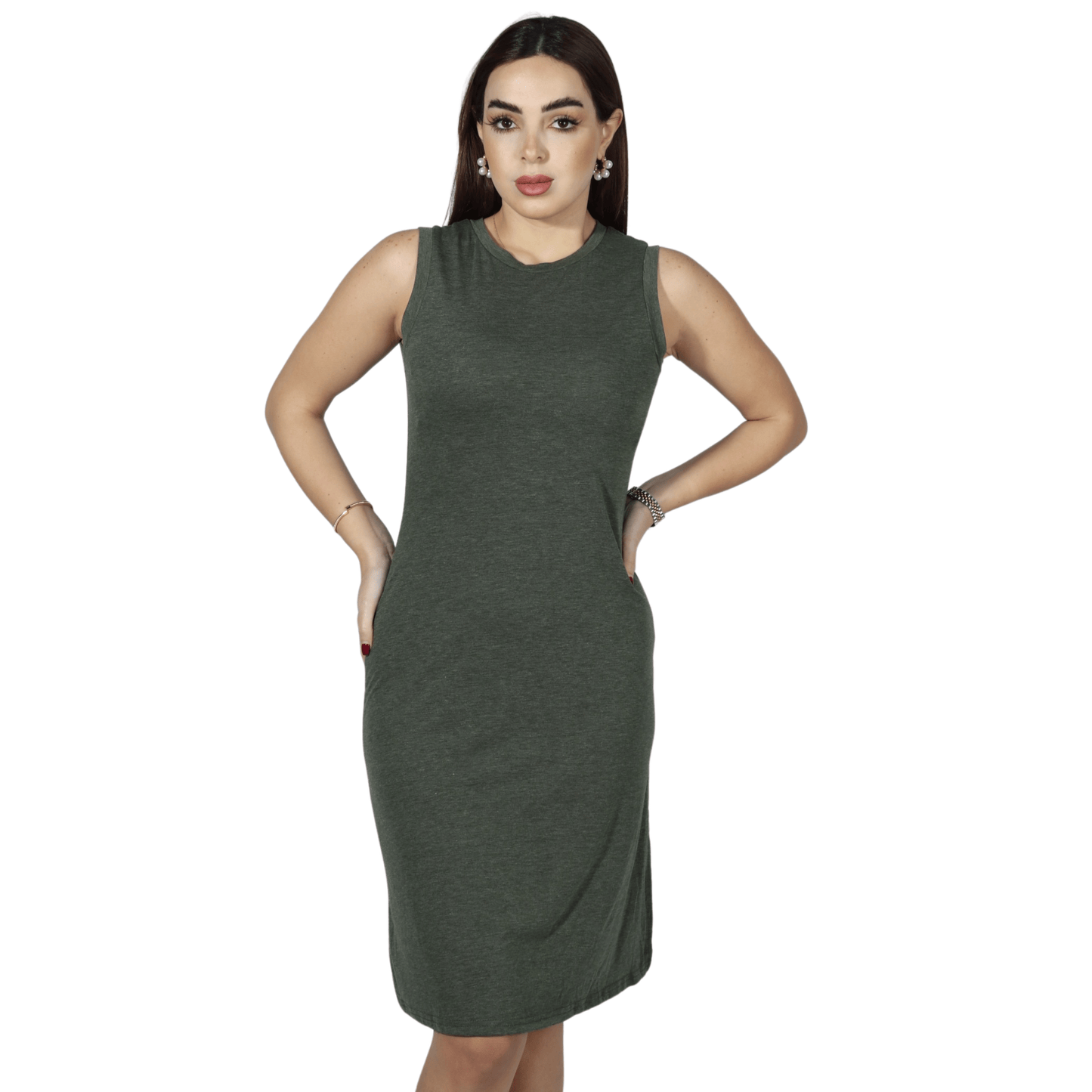 SHEIN Shein Womens Dress S / Dark green SHEIN - Solid crew neck side split midi dress