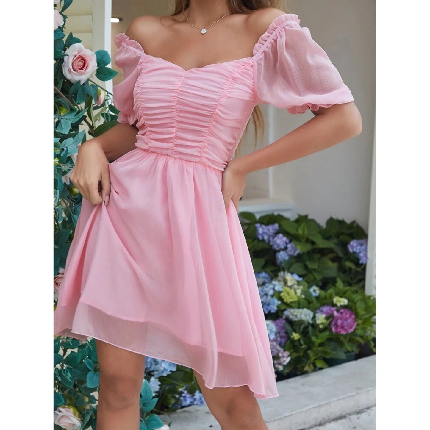 SHEIN Shein Womens Dress SHEIN - Solid Puff Sleeve Sweetheart Neck Dress