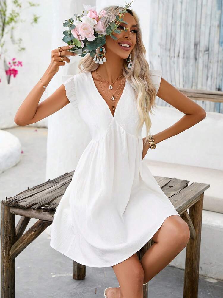 SHEIN Shein Womens Dress L / White SHEIN - Solid Ruffle Trim Smock Dress
