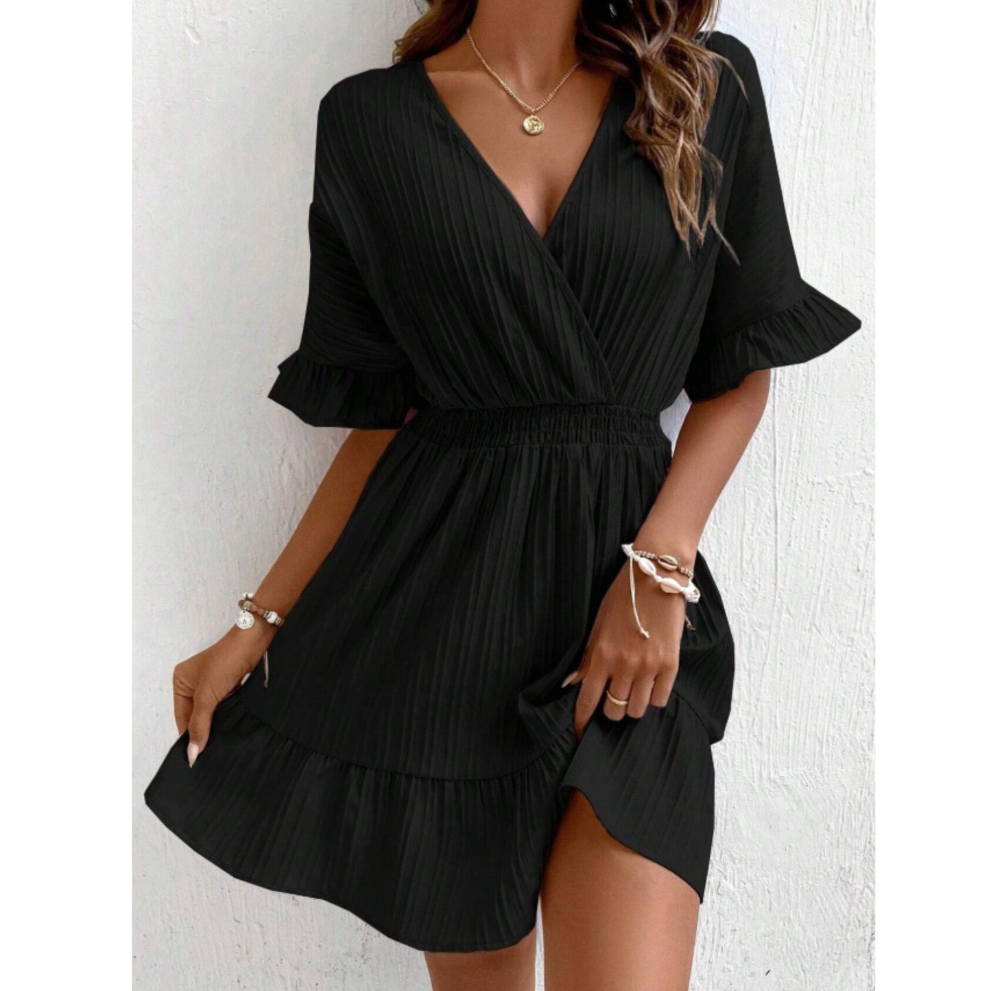 SHEIN Shein Womens Dress L / Black SHEIN - Surplice Neck Flounce Sleeve Ruffle Hem Dress