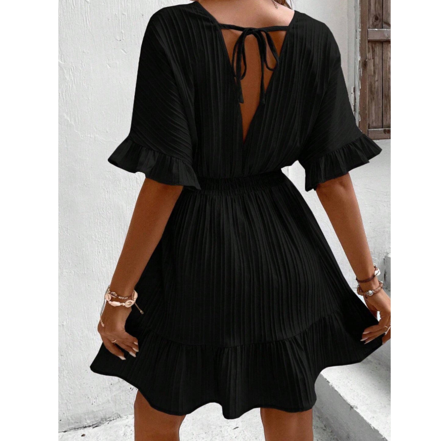 SHEIN Shein Womens Dress L / Black SHEIN - Surplice Neck Flounce Sleeve Ruffle Hem Dress