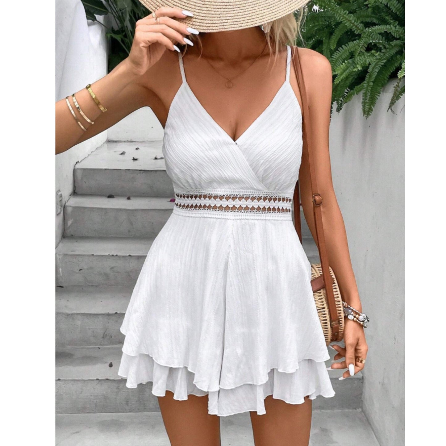 SHEIN Shein Womens Overall M / White SHEIN - Frenchy Guipure Lace Insert Two Layer Hem Cami Romper