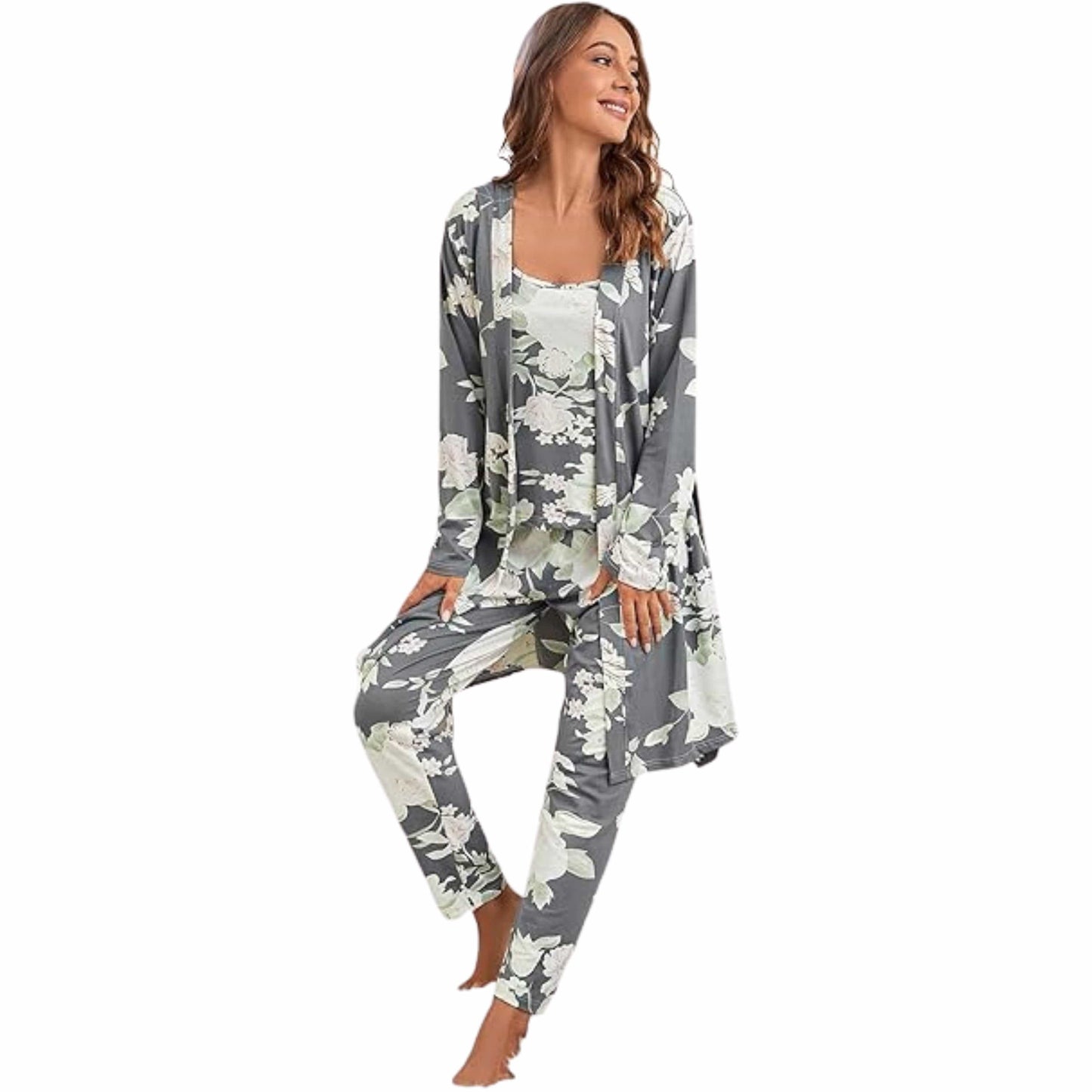 SHEIN Shein Womens Pajama M / Multi-Color SHEIN - 3 pcs Sleepwear Leaf Print Cami and Pants Pajama Set with Robe