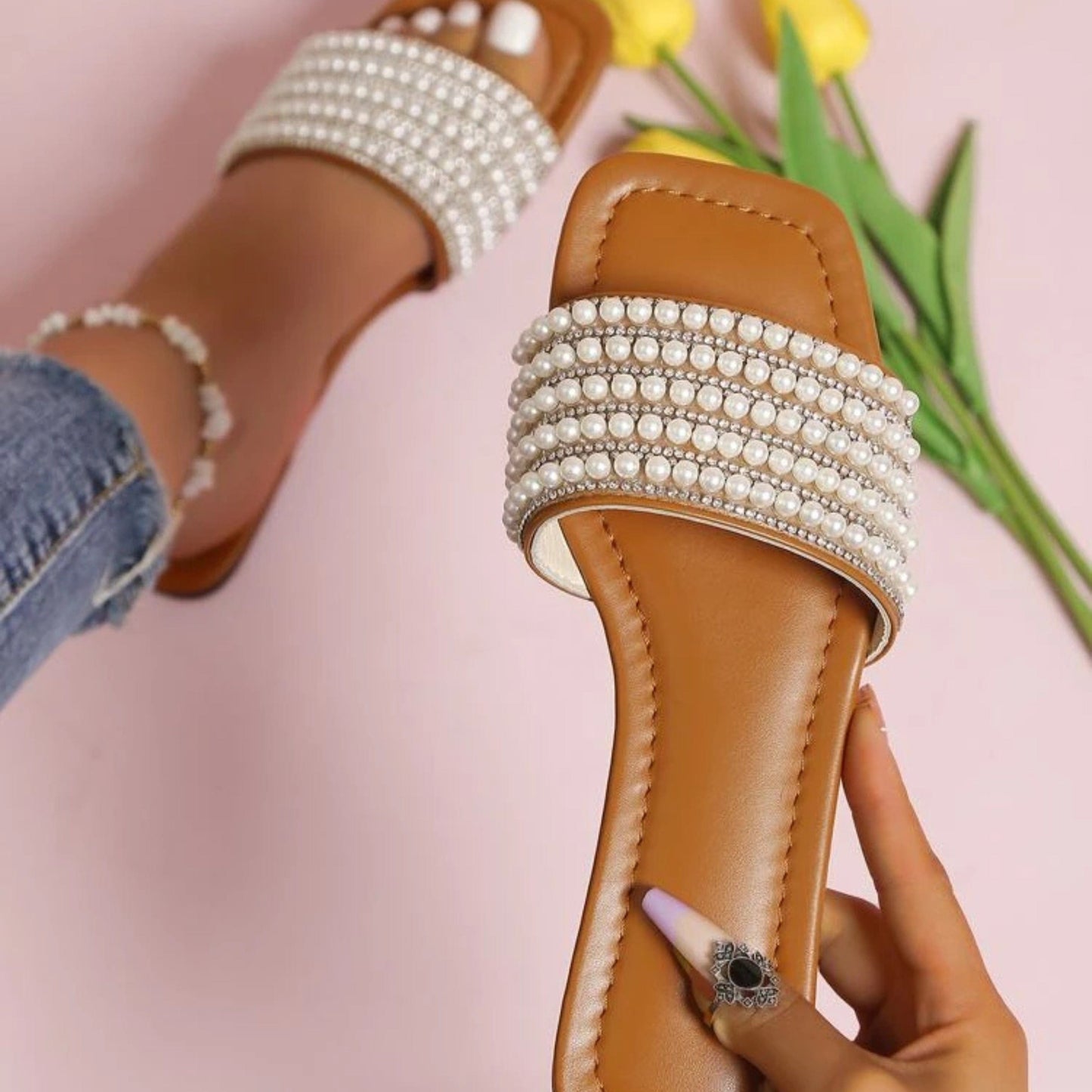 SHEIN Shein Womens Shoes 39 / Brown SHEIN - Beach Slipper With Pearl And Rhinestone Décor