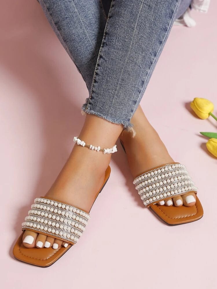 SHEIN Shein Womens Shoes 39 / Brown SHEIN - Beach Slipper With Pearl And Rhinestone Décor