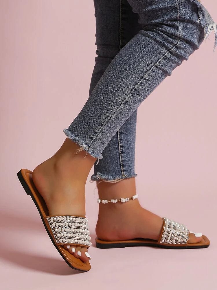 SHEIN Shein Womens Shoes 39 / Brown SHEIN - Beach Slipper With Pearl And Rhinestone Décor