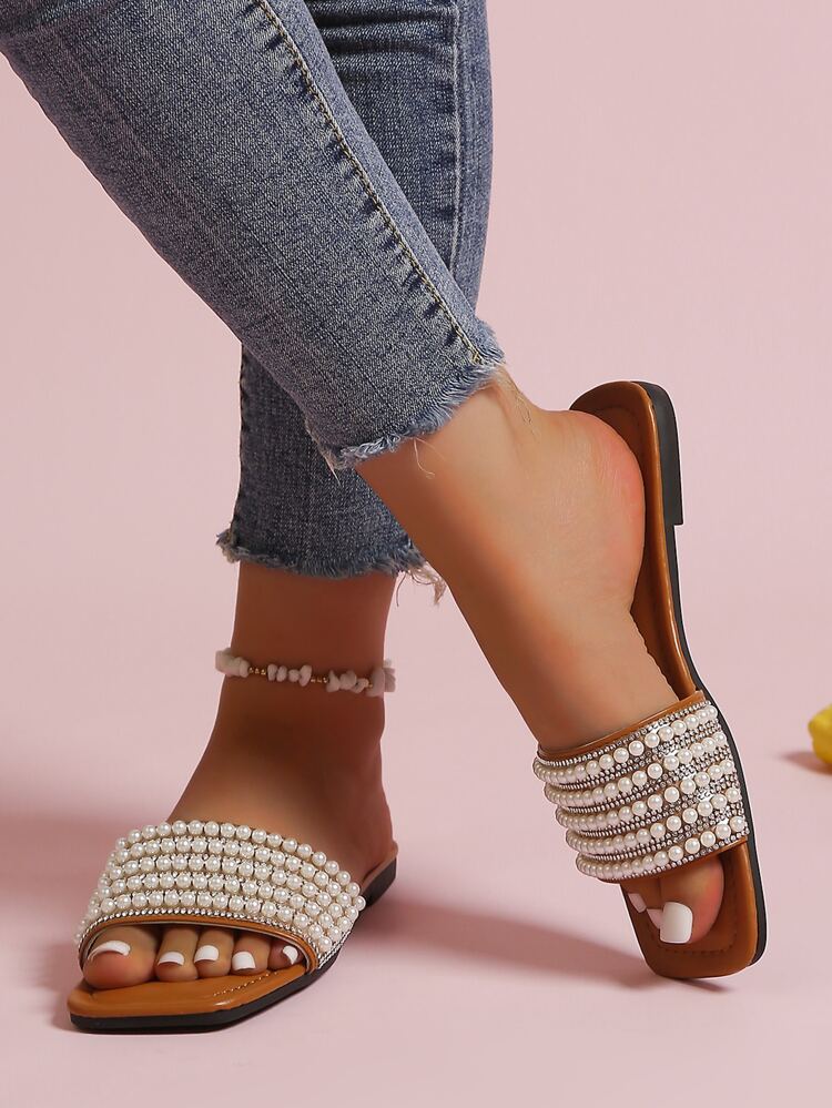 SHEIN Shein Womens Shoes 39 / Brown SHEIN - Beach Slipper With Pearl And Rhinestone Décor