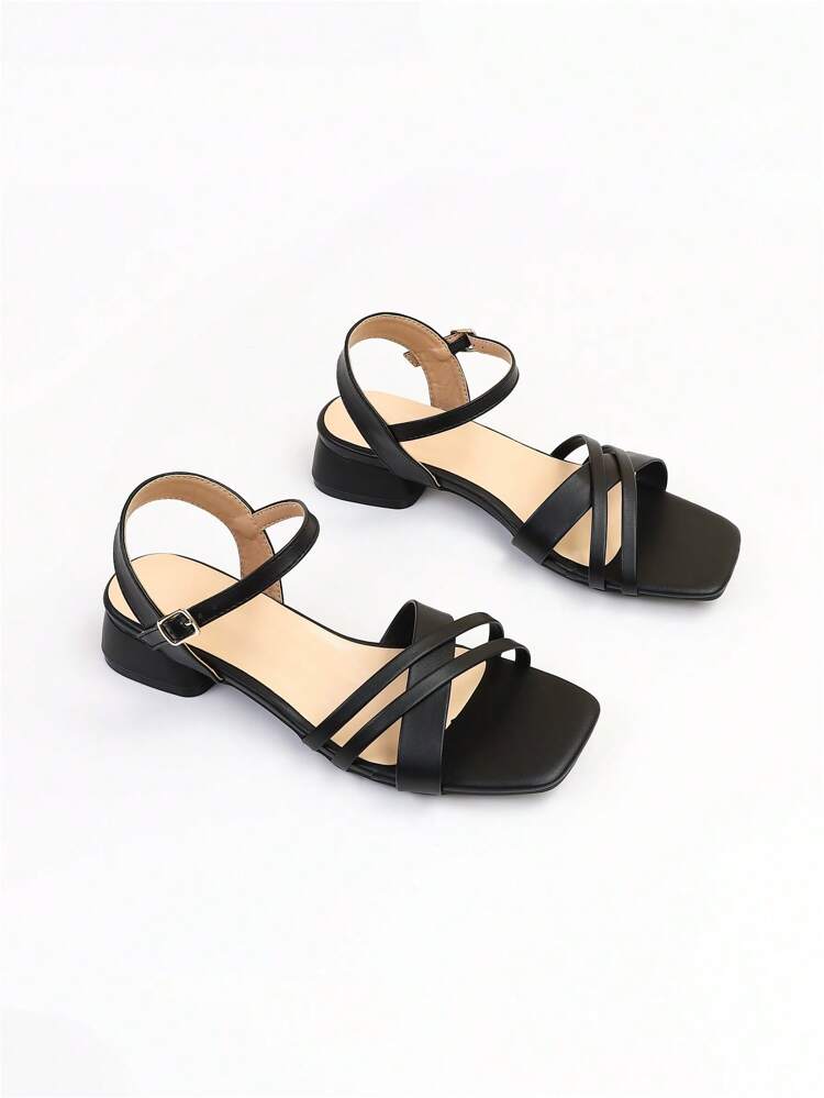 SHEIN Shein Womens Shoes 40 / Black SHEIN - Rhinestone & Buckle Décor Chunky Heeled Ankle Strap Sandals