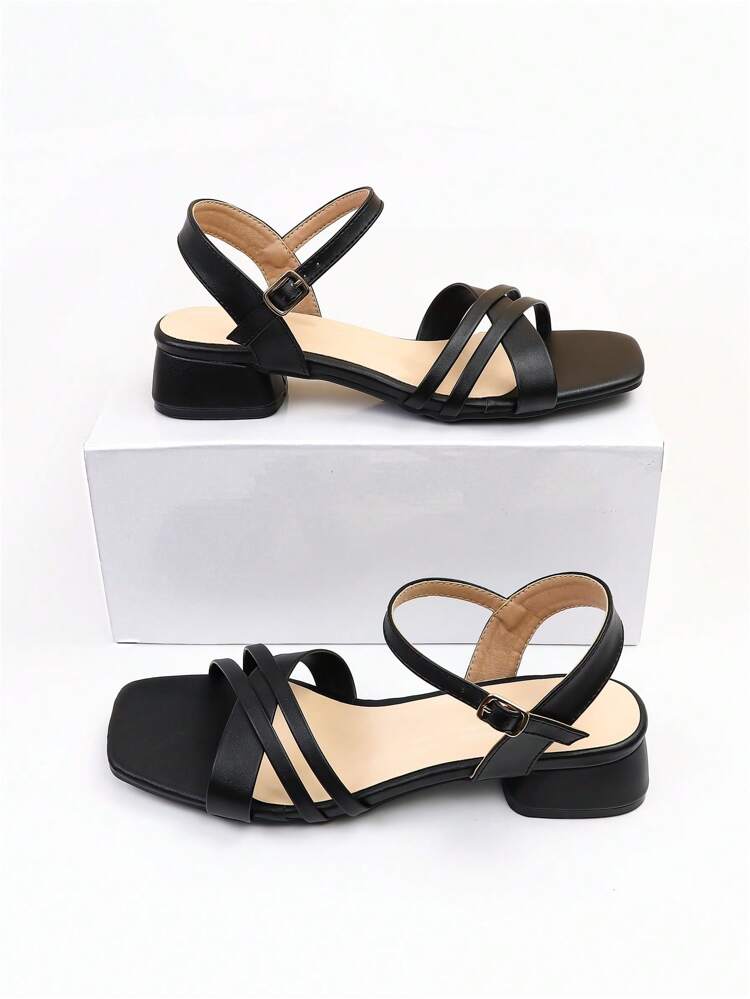 SHEIN Shein Womens Shoes 40 / Black SHEIN - Rhinestone & Buckle Décor Chunky Heeled Ankle Strap Sandals