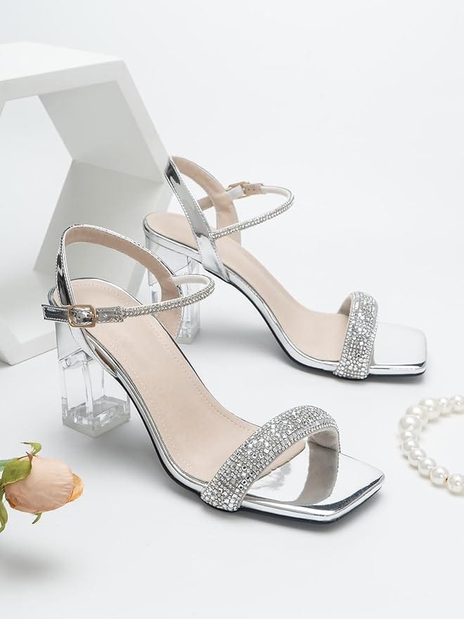 SHEIN Shein Womens Shoes 38 / Silver SHEIN - Shiny Rhinestone Embellished Chunky Sandals