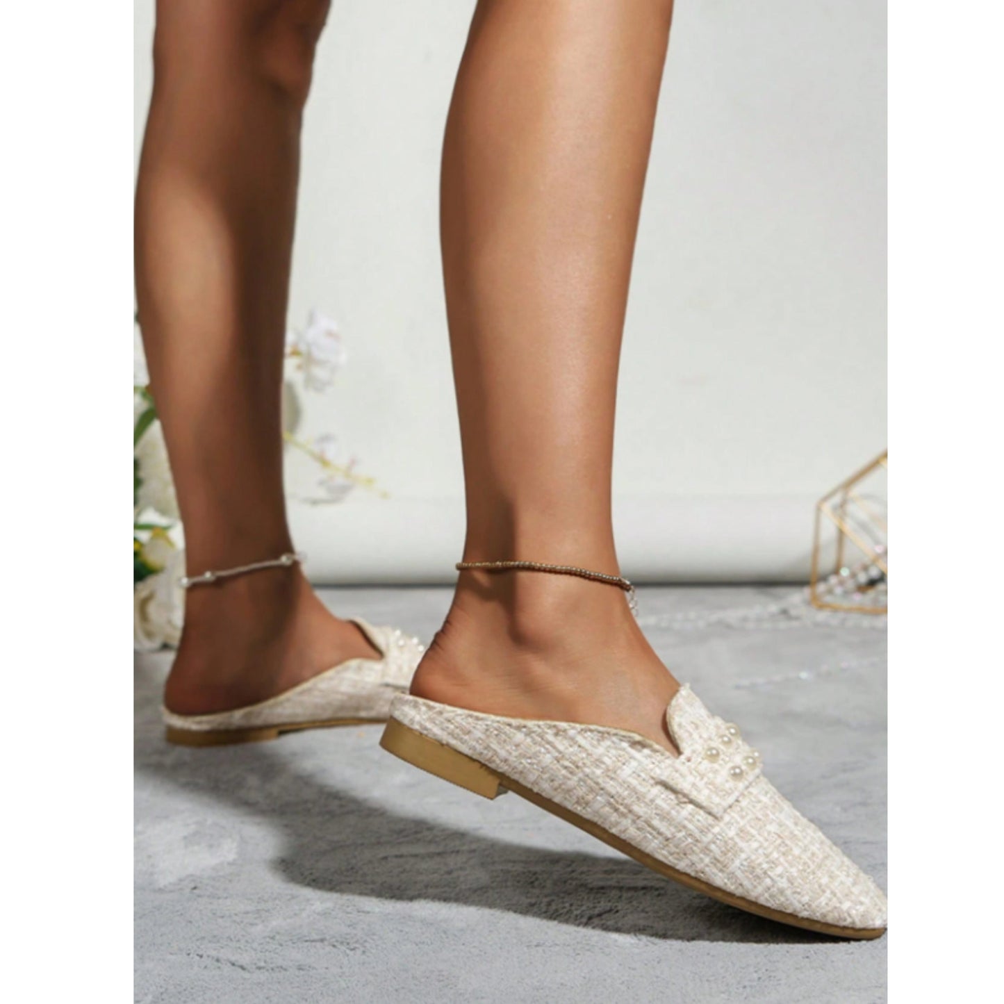SHEIN Shein Womens Shoes 40 / Beige SHEIN - Square Pattern Embossed Faux Pearl Flat