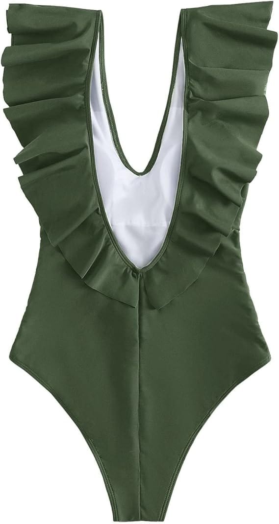 SHEIN Shein Womens Swimwear M / Green SHEIN - Deep V Ruffle One Piece Swimsuit