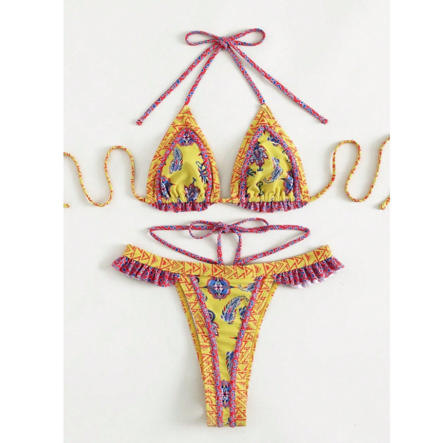 SHEIN Shein Womens Swimwear L / Multi-Color SHEIN - Geometric & Paisley Print Bikini Set Frill Trim Triangle Bra