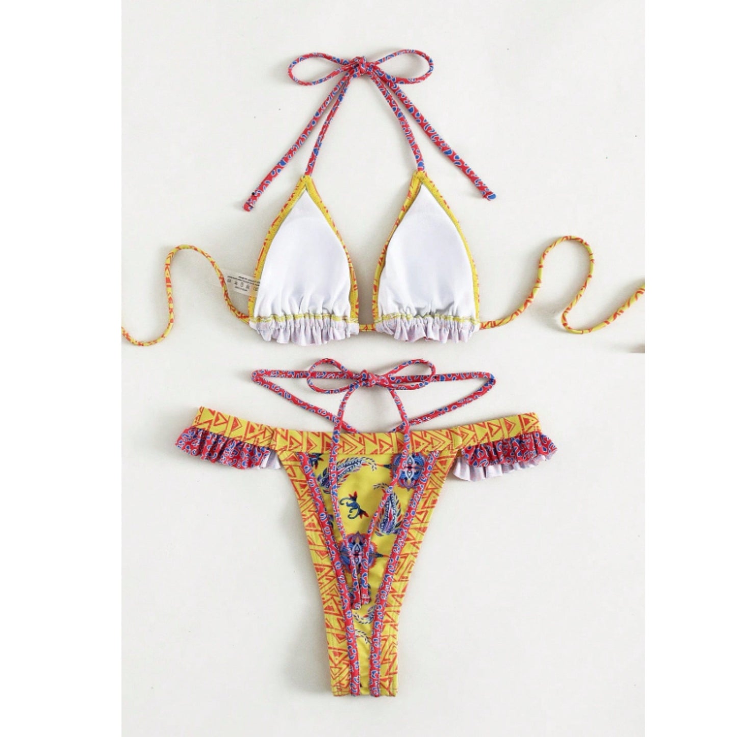 SHEIN Shein Womens Swimwear L / Multi-Color SHEIN - Geometric & Paisley Print Bikini Set Frill Trim Triangle Bra