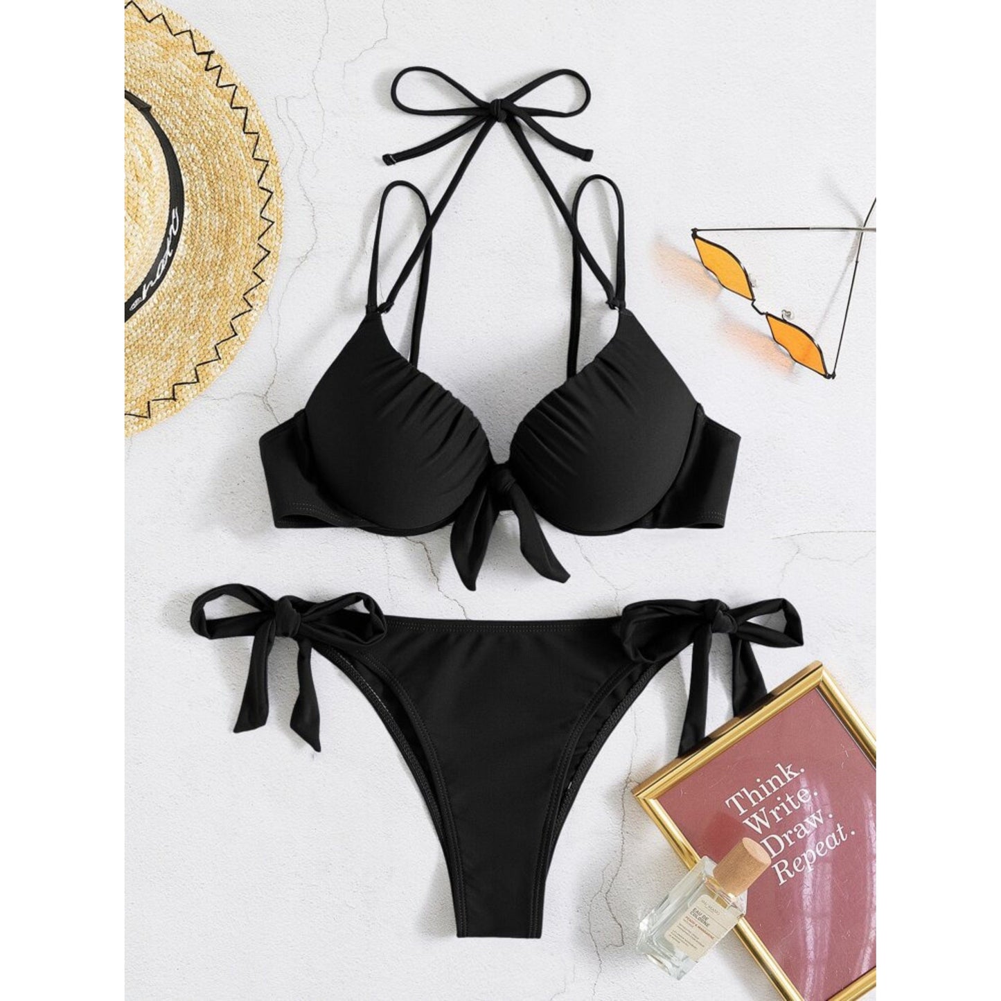 SHEIN Shein Womens Swimwear L / Black SHEIN - Knot Front Push Up Tie Side Bikini Set