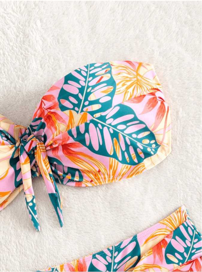 SHEIN Shein Womens Swimwear L / Multi-Color SHEIN - Print Front Knot Bandeau Bikini Swimsuit