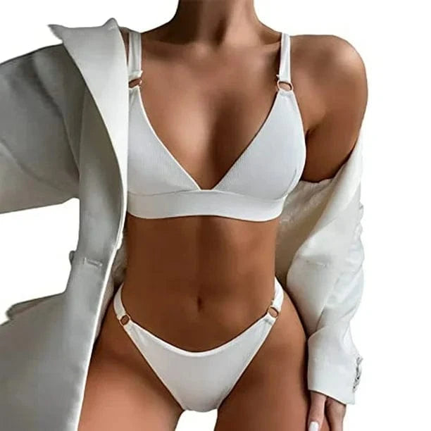 SHEIN Shein Womens Swimwear S / White SHEIN - Ribbed Bikini Set Ring Linked