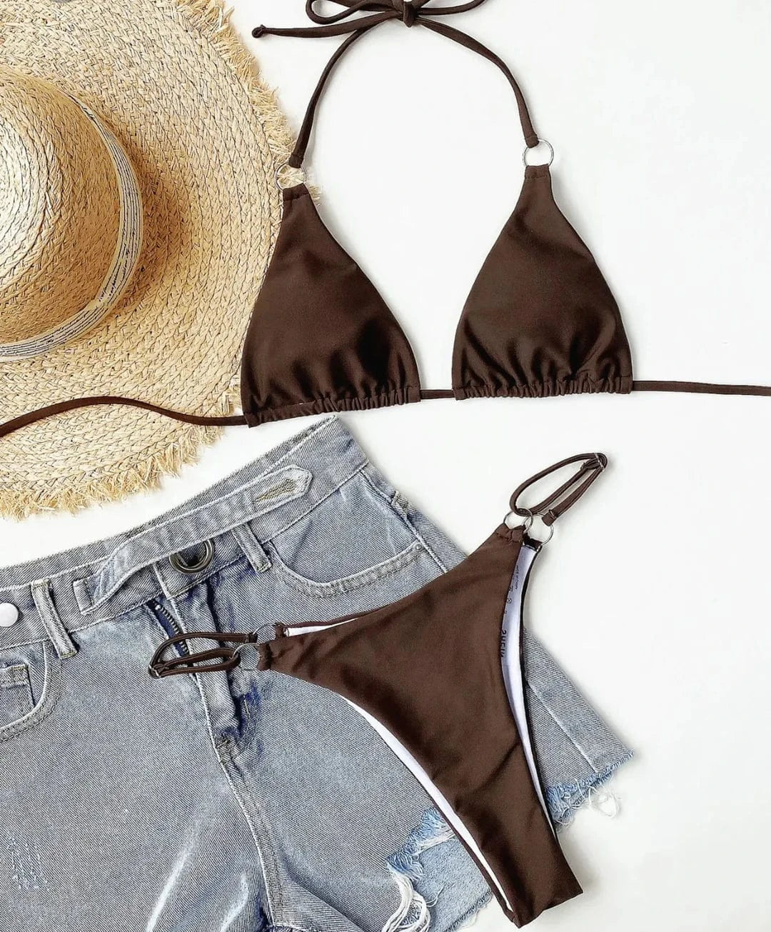 SHEIN Shein Womens Swimwear L / Brown SHEIN - Ring Linked Triangle Bra & Thong Bikini