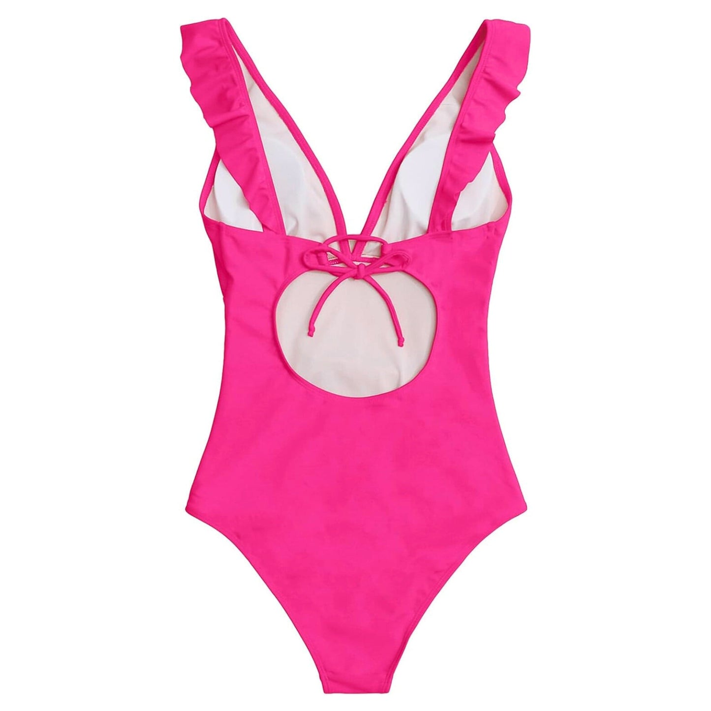 SHEIN Shein Womens Swimwear SHEIN - Ruffle Trim Cut Out Tie Back Ruched One Piece Swimsuit