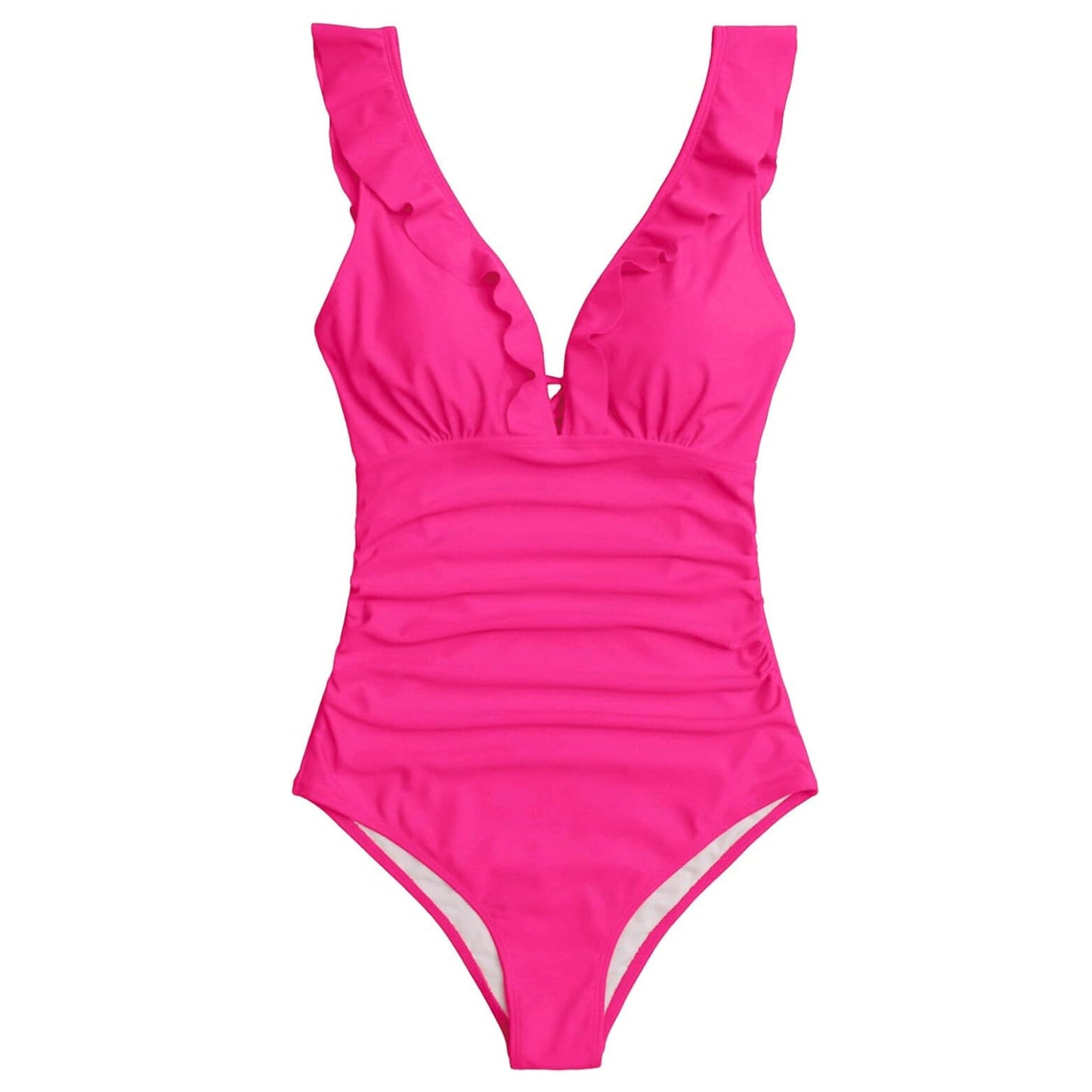 SHEIN Shein Womens Swimwear XL / Fuchsia SHEIN - Ruffle Trim Cut Out Tie Back Ruched One Piece Swimsuit