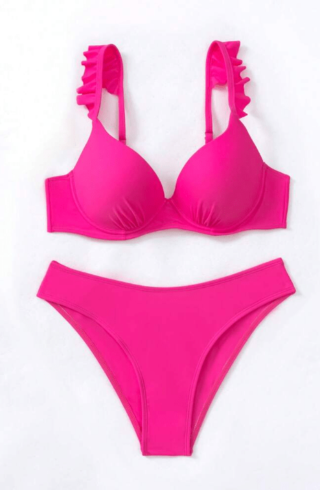 SHEIN Shein Womens Swimwear S / Fuchsia SHEIN - Ruffle Trim Push Up Swimwear Set